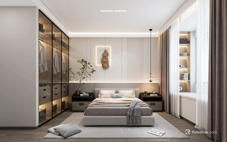 Modern Bedroom Interior Design With Glass Wardrobe Gray Bedding Decorative Painting And Table Lamp 3d model 