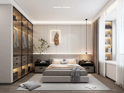 Modern Bedroom Interior Design With Glass Wardrobe Gray Bedding Decorative Painting And Table Lamp 3d model