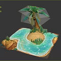 3D Tropical Island Model With Palm Tree Blue Water Sandy Beach And Rocks