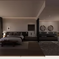 Modern Hotel Room Interior With King Size Bed Wooden Flooring Glass Partition And Scenic View
