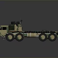 Camouflaged Military Tactical Transport Vehicle with Multiple Wheels Roof Antennas and Spare Tire