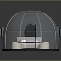 Cartoon Scene Transparent Dome Bedroom with Bed Round Stools Wooden Floor and Black Curved Frame