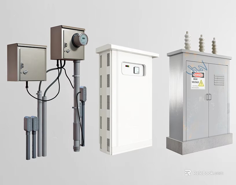 Industrial Equipment Metal Distribution Boxes Control Cabinets Lockable Doors Warning Labels Gray White Silver Cases 3d model 