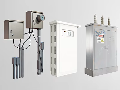 Industrial Equipment Metal Distribution Boxes Control Cabinets Lockable Doors Warning Labels Gray White Silver Cases 3d model