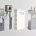 Industrial Equipment Metal Distribution Boxes Control Cabinets Lockable Doors Warning Labels Gray White Silver Cases