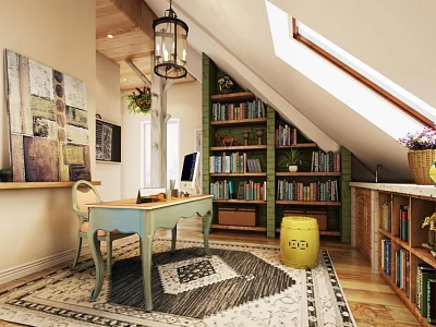 Cozy Study Room Interior Design with Skylight Bookshelves Wooden Desk and Decorative Rug 3d model