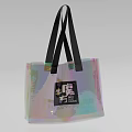 Iridescent Transparent Tote Bag With Black Straps And Label Featuring Text And Design
