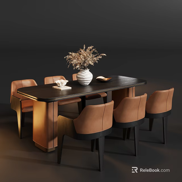 Modern Luxury Dining Table Set With Brown Upholstered Chairs And Exquisite Table Decorations 3d model 