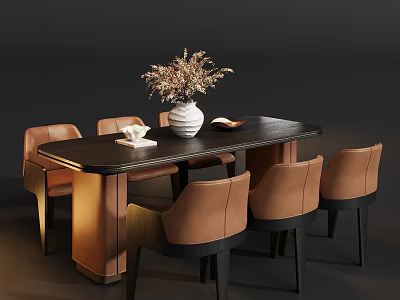 Modern Luxury Dining Table Set With Brown Upholstered Chairs And Exquisite Table Decorations 3d model