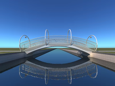 Modern Metal Arch Bridge With Intricate Lattice Design Water Reflection Blue Sky Green Grass 3d model