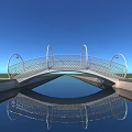 Modern Metal Arch Bridge With Intricate Lattice Design Water Reflection Blue Sky Green Grass