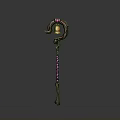 Magic Staff Weapon With Curved Top Bell Decoration And Purple Winding On Wooden Shaft