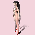 Futuristic Woman In Shiny Metallic Bodysuit With High Heels And Ponytail