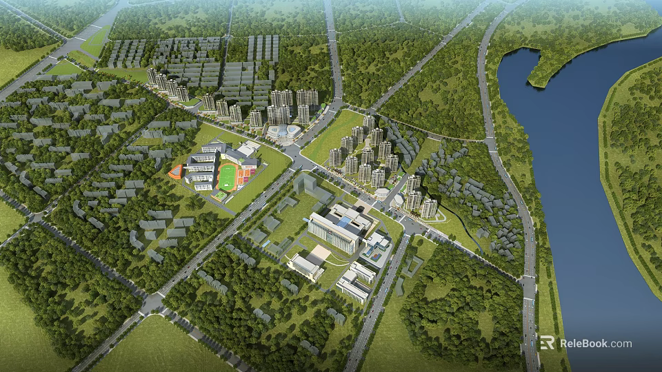 Aerial View Urban Planning With Green Spaces Waterfront And Residential Buildings 3d model 