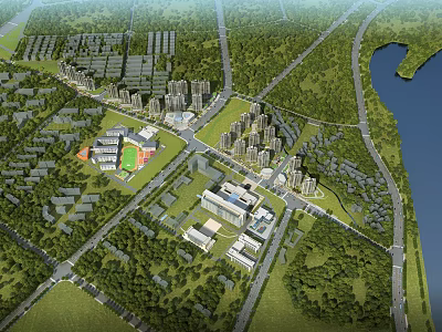 Aerial View Urban Planning With Green Spaces Waterfront And Residential Buildings 3d model