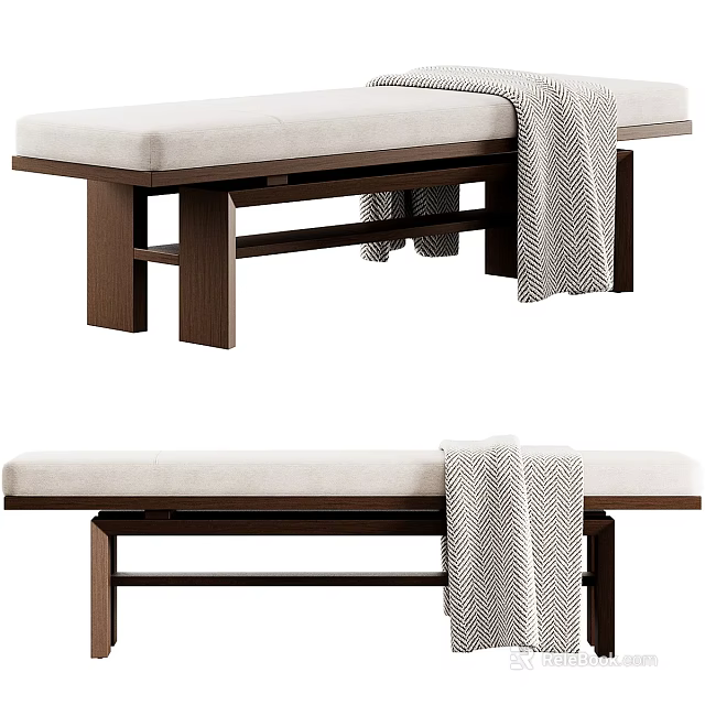 Stylish Wooden Bench With Beige Cushion And Gray Textured Blanket 3d model 