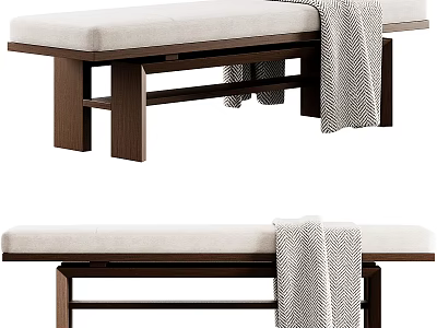 Stylish Wooden Bench With Beige Cushion And Gray Textured Blanket 3d model