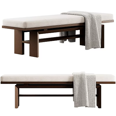 Stylish Wooden Bench With Beige Cushion And Gray Textured Blanket 3d model