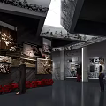 Historical Exhibition Hall Interior With Black White Photos Figure Models And Red Decorations