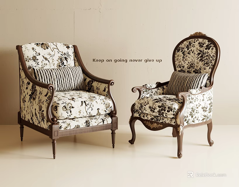 Vintage Style Accent Chairs With Carved Wooden Frame Floral Upholstery And Striped Cushions 3d model 