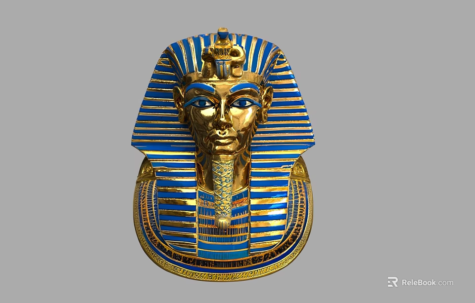 Ancient Egyptian Pharaoh Golden Mask With Blue Striped Headdress And Intricate Gold Details 3d model 