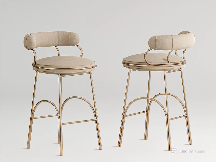 Modern Light Upholstered Bar Stools With Gold Metal Frames And Curved Design 3d model
