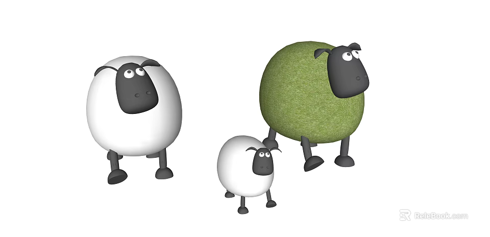 Cute Cartoon Sheep Characters With White And Green Wool In Different Sizes 3d model 