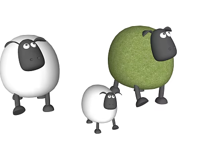 Cute Cartoon Sheep Characters With White And Green Wool In Different Sizes 3d model