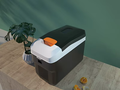 Modern Freezer on Wooden Countertop with Green Plant and Orange Fruit Slices 3d model