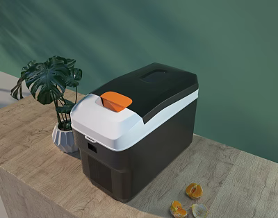 Modern Freezer on Wooden Countertop with Green Plant and Orange Fruit Slices 3d model