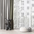 Elegant Gray Curtains with Sheer White Panels in Modern Living Room City Building View