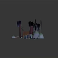 Whimsical Paper Art Forest With Tall Trees Small Cabin Snowy Ground Ladder Fence And Pig