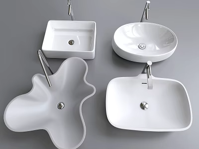 Modern White Ceramic Washbasins with Square Round Rectangular Irregular Shapes and Silver Faucets 3d model