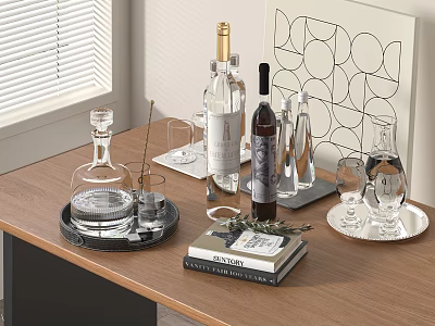 Wine Bottles and Glasses on Wooden Table with Trays Books and Decorative Artwork 3d model
