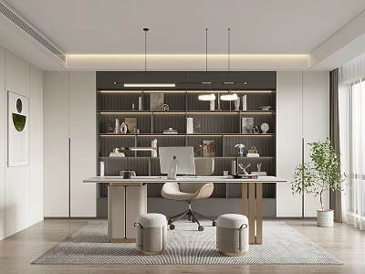 Modern Study Room With Long Desk Computer Chair Shelves Books Decor Items And Green Plant 3d model