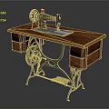 Industrial Sewing Machine on Wooden Table with Drawers and Metal Stand Black Body Red Accents 3d model