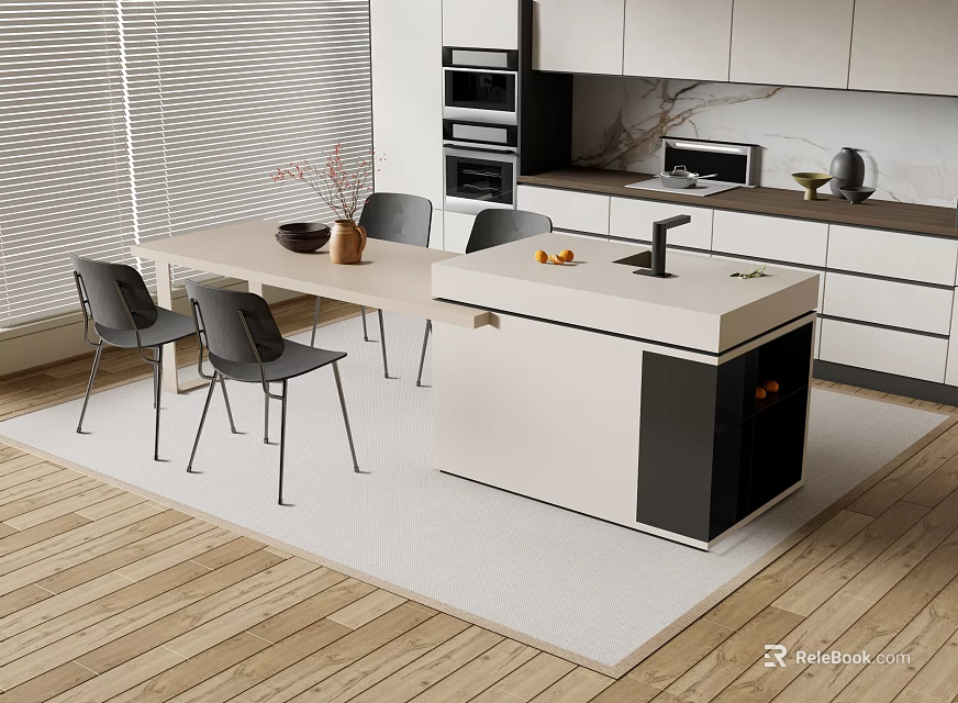 Modern Open Kitchen Bar Counter With Light Countertop Black Accents And Dining Chairs 3d model 