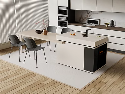 Modern Open Kitchen Bar Counter With Light Countertop Black Accents And Dining Chairs 3d model