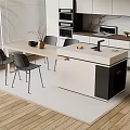 Modern Open Kitchen Bar Counter With Light Countertop Black Accents And Dining Chairs