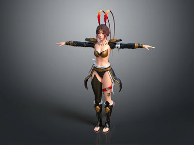 Fantasy Female Character With Creature Themed Headdress And Armored Outfit In Outstretched Pose 3d model