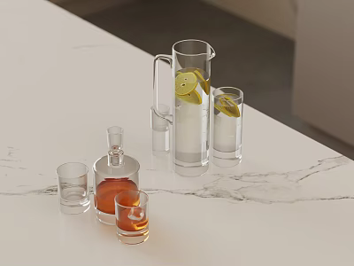 Transparent Glass Cups with Lemon Slices Decanter and Orange Liquid on White Marble Countertop 3d model