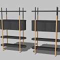 Contemporary Storage Shelf Cabinet Featuring Dark Wood Shelves Gold Metal Supports and Cabinet Doors