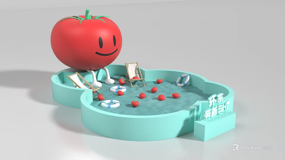 Cartoon Tomato Themed Interactive Zone With Deck Chairs Lifebuoy And Red Balls 3d model 