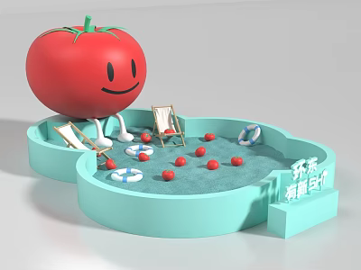 Cartoon Tomato Themed Interactive Zone With Deck Chairs Lifebuoy And Red Balls 3d model