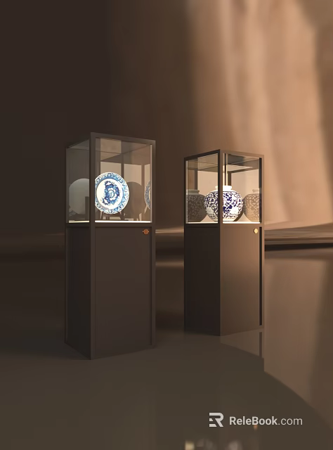 Museum Glass Display Cabinets Showcasing Blue And White Porcelain Plates 3d model 