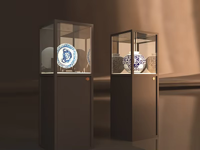Museum Glass Display Cabinets Showcasing Blue And White Porcelain Plates 3d model