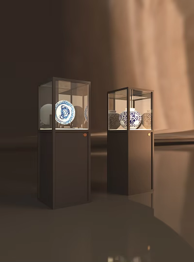 Museum Glass Display Cabinets Showcasing Blue And White Porcelain Plates 3d model