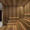 Luxury Marble Bathroom With Built In Solid Wood Sauna And Soft Warm Ambient Lighting Design