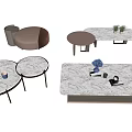 Modern Marble Coffee Table Set With Round And Rectangular Designs And Decorative Plants 3d model