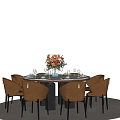 Round Dining Table Set with Six Brown Chairs Flower Arrangement and Tableware in Modern Interior